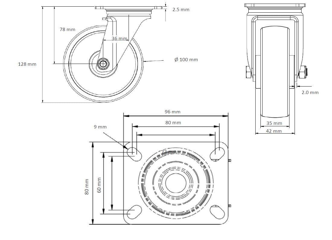 Lenkrolle 100 mm Elastik grau "Edelstahl"-1