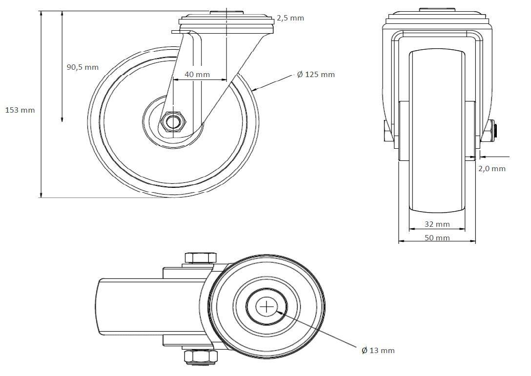 Lenkrolle mit Rückenloch 125 mm Thermoplastisches Gummi "Edelstahl"-1