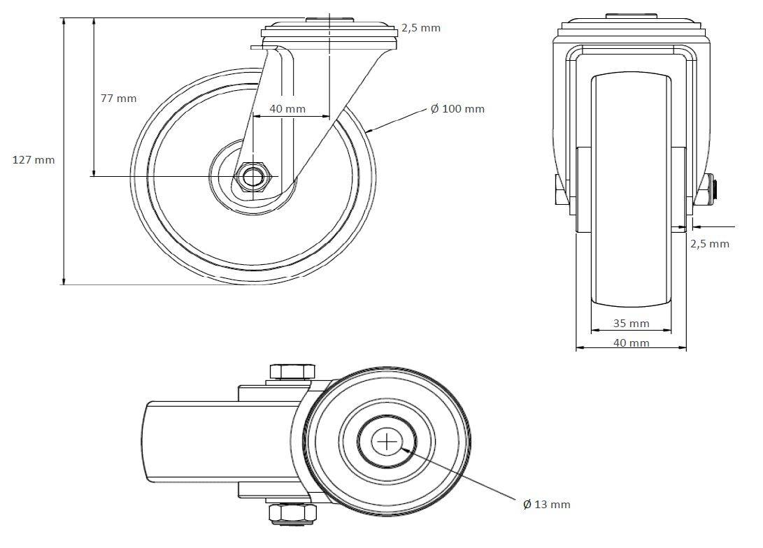 Lenkrolle mit Rückenloch und Feststeller 100 mm Elastik "Blue Wheels"-1