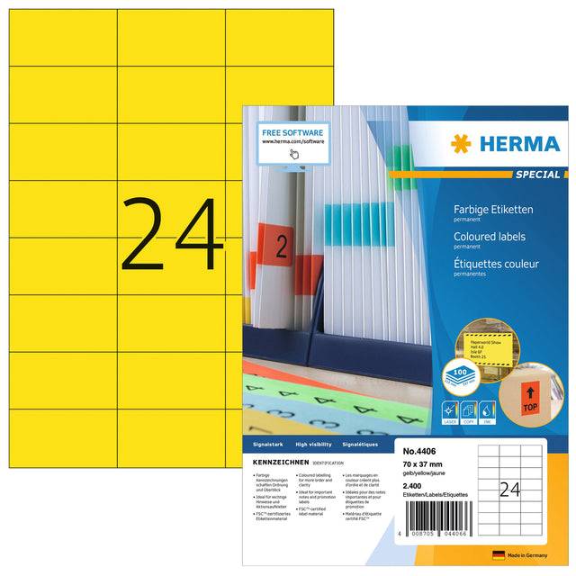 HERMA Special - Papier - matt - permanent selbstklebend - Gelb - 70 x 37 mm 2400 Etikett(en) (100 Bogen x 24)-8