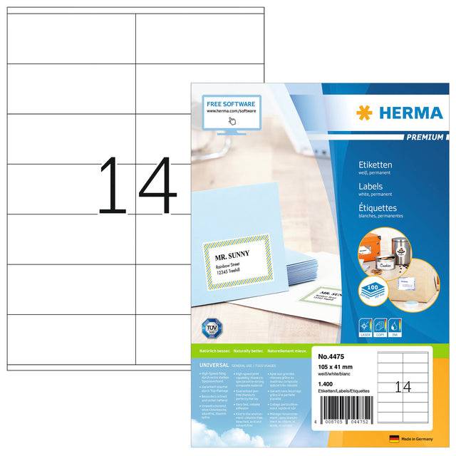 HERMA Premium - Papier - matt - permanent selbstklebend - weiß - 105 x 41 mm 1400 Etikett(en) (100 Bogen x 14)-9