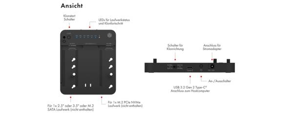 IB-2915MSCL-C31, Docking & CloneStation für M.2 NVMe & M.2 SATA SSD & 2.5”/3.5” SATA SSD/HDD, Zweiwege klonen
