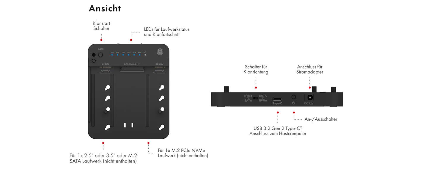IB-2915MSCL-C31, Docking & CloneStation für M.2 NVMe & M.2 SATA SSD & 2.5”/3.5” SATA SSD/HDD, Zweiwege klonen-0