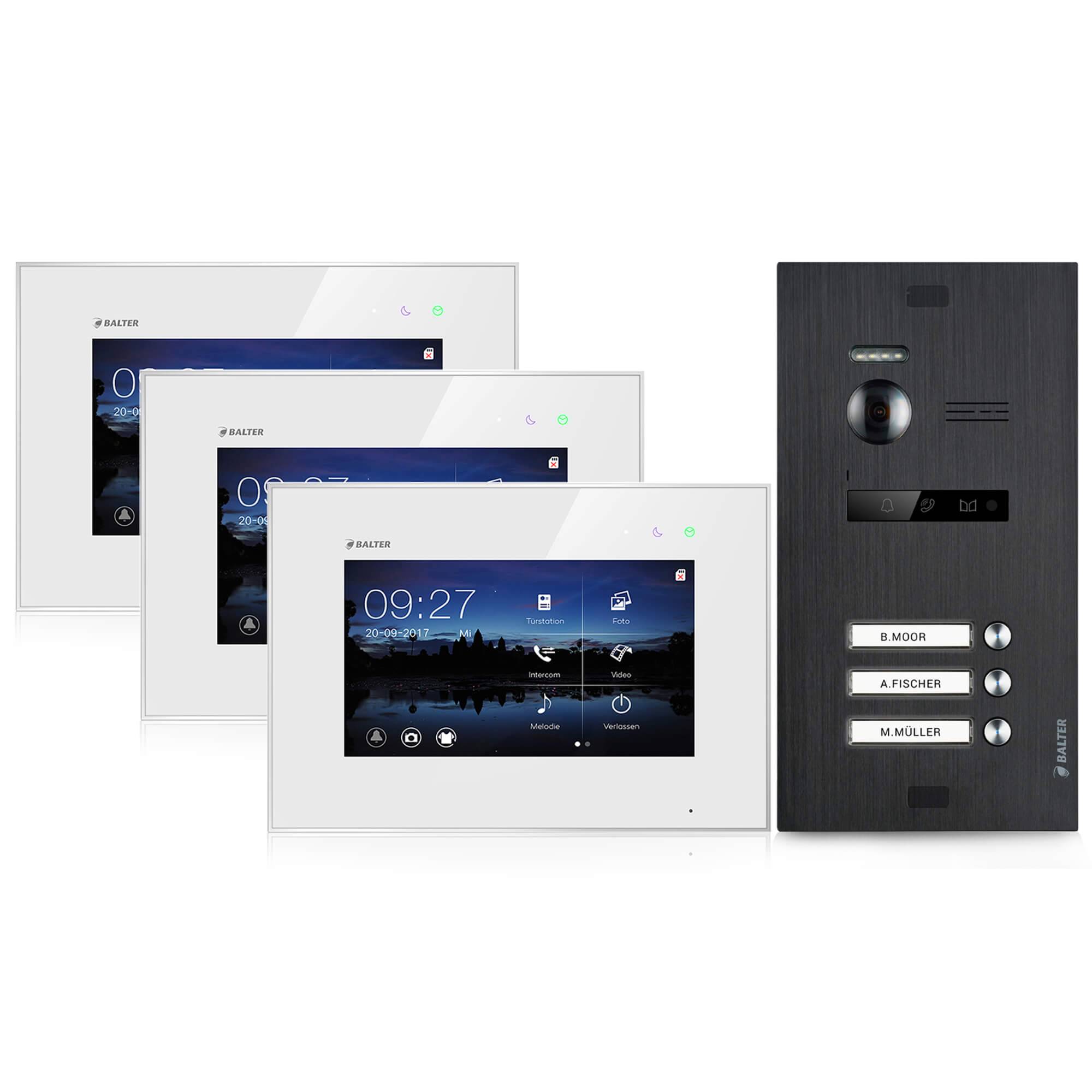 Video Türsprechanlage für 3 Familienhaus, 3x Monitore, Balter EVO Schwarz-0