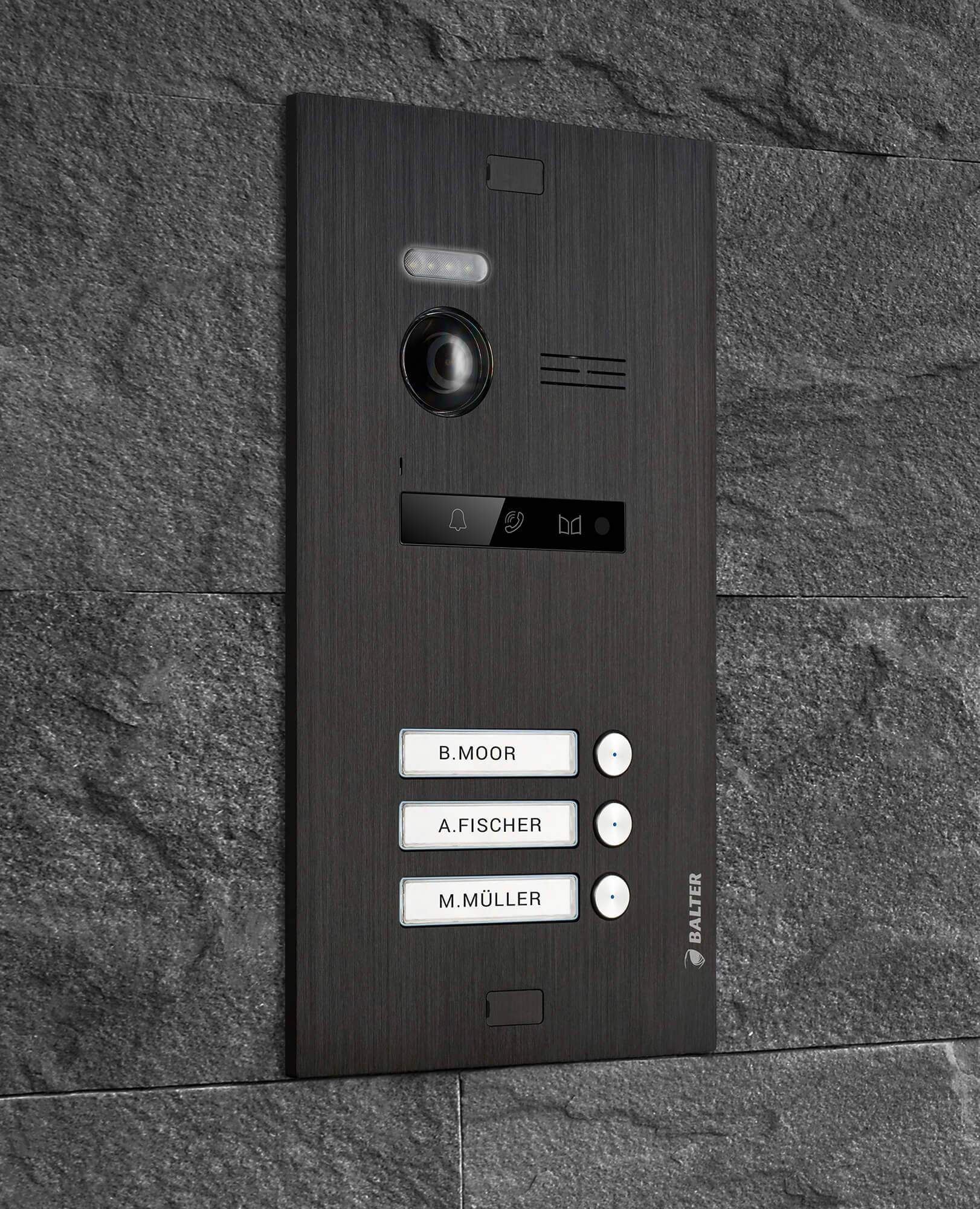 Video Türsprechanlage für 3 Familienhaus, 3x Monitore, Balter EVO Schwarz-3