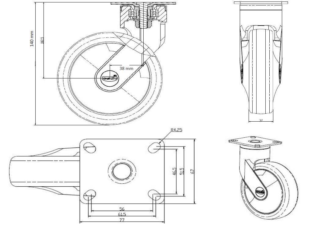 Lenkrolle 100 mm Thermoplastisches Gummi "Kunststoffrolle"-1