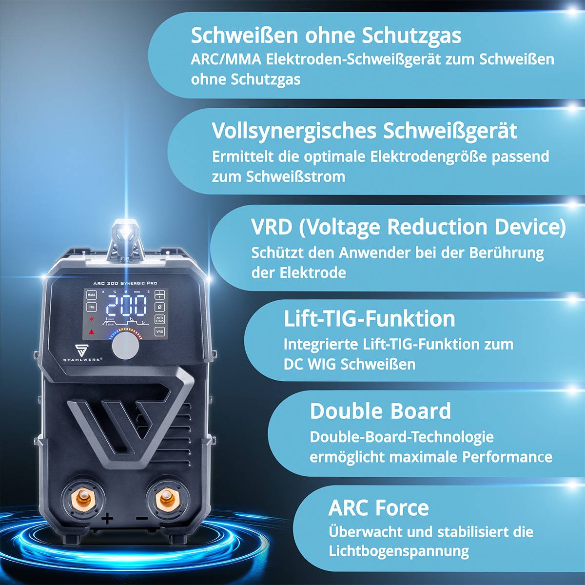 STAHLWERK Schweißgerät ARC 200 Synergic Pro MMA Lift TIG IGBT Inverter 200 A-2