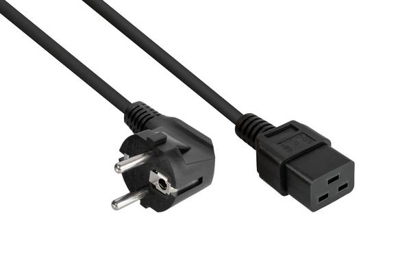 kabelmeister® Netzkabel Schutzkontakt-Stecker Typ E+F (90° gew.) an Kaltgeräte-Buchse C19, schwarz, 1,50mm², 5m