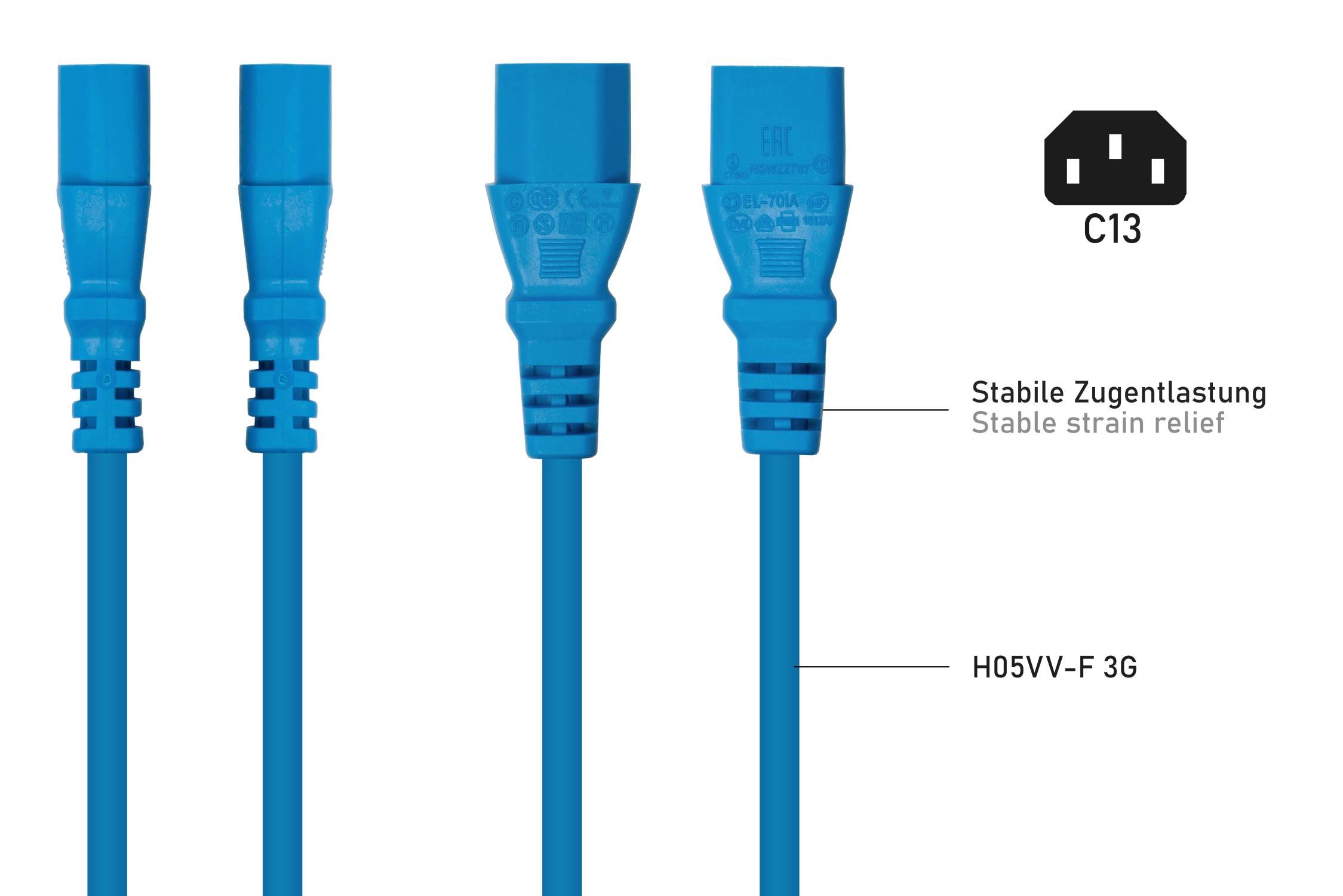 kabelmeister® Netzkabel Schutzkontakt-Stecker Typ E+F (90° gew.) an Kaltgeräte-Buchse C13, blau, 1,00mm², 5m-3