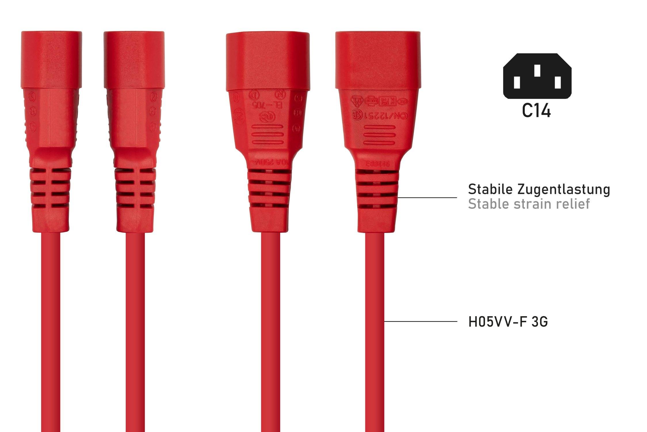 kabelmeister® Kaltgeräteverlängerung Kaltgeräte-Stecker C14 an Kaltgeräte-Buchse C13, rot, 1,00mm², 5m-2