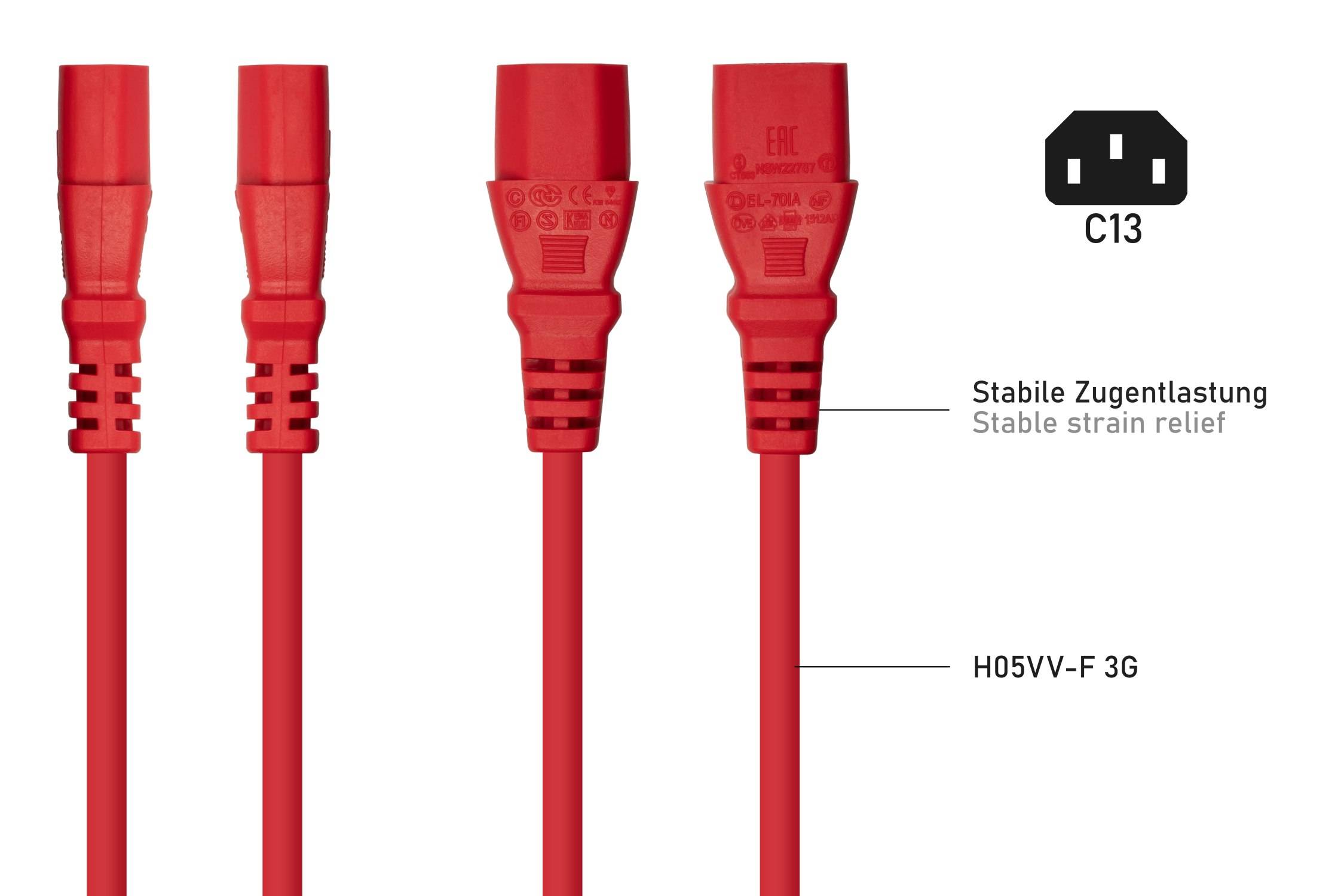 kabelmeister® Kaltgeräteverlängerung Kaltgeräte-Stecker C14 an Kaltgeräte-Buchse C13, rot, 1,00mm², 5m-3