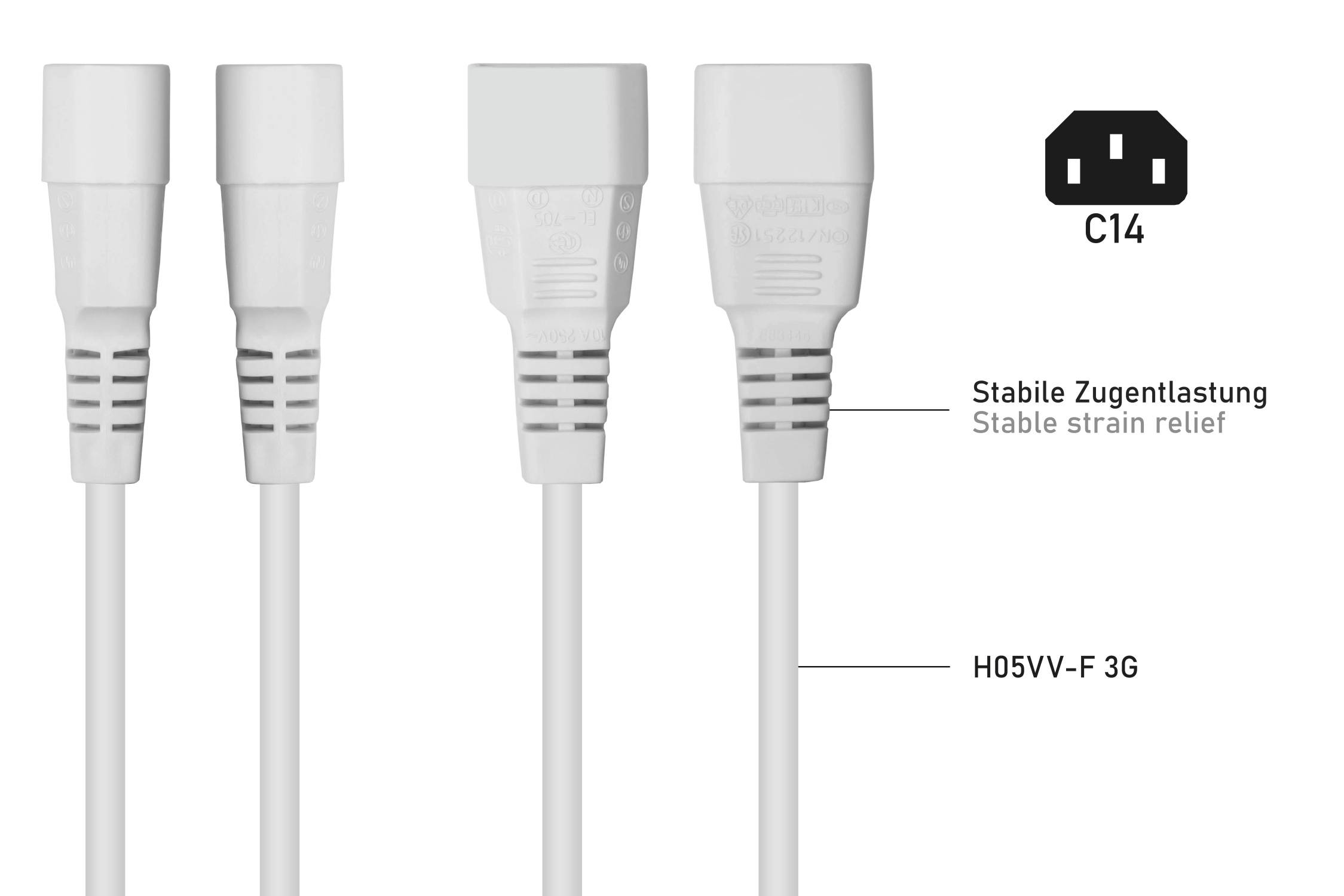 kabelmeister® Kaltgeräteverlängerung Kaltgeräte-Stecker C14 an Kaltgeräte-Buchse C13, weiß, 0,75mm², 0,5m-2