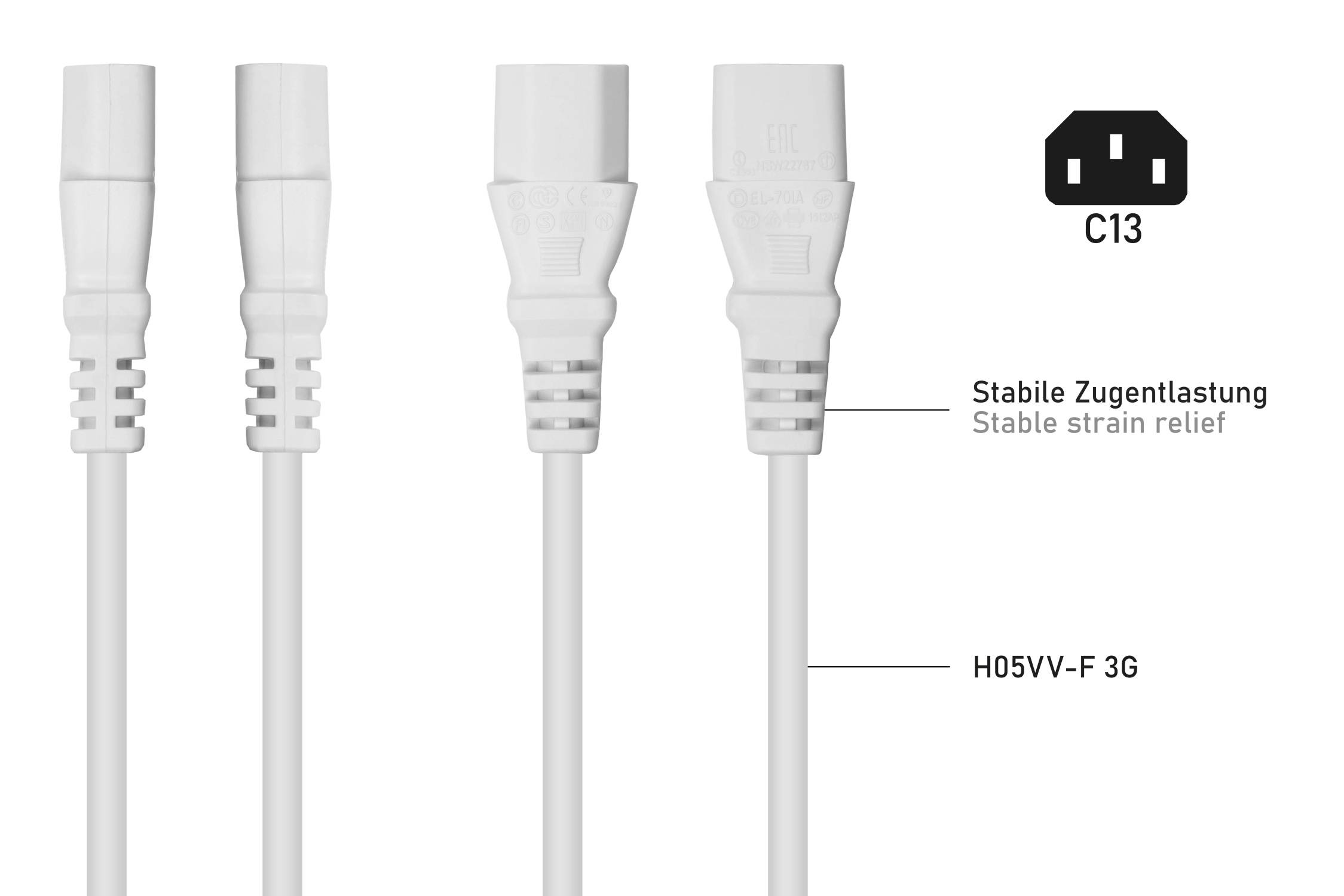 kabelmeister® Kaltgeräteverlängerung Kaltgeräte-Stecker C14 an Kaltgeräte-Buchse C13, weiß, 0,75mm², 0,5m-3