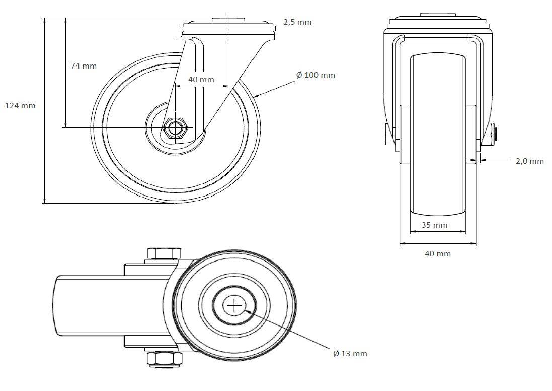 Lenkrolle mit Rückenloch 100 mm Vollgummi grau-1