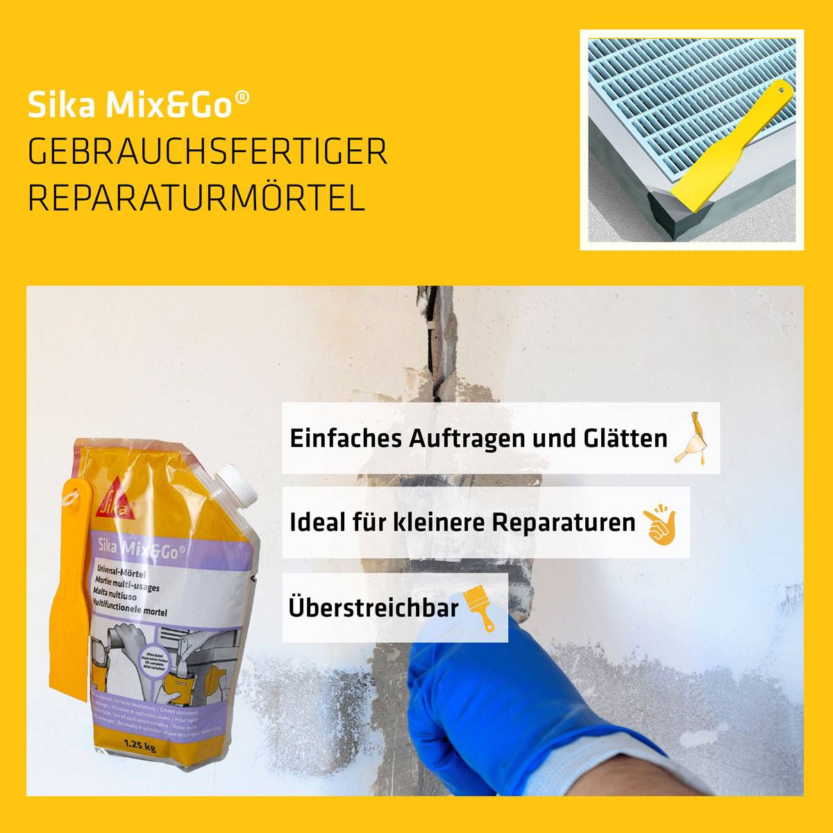 Sika Mix&Go Reparaturmörtel Grau 1,25kg gebrauchsfertig 82225-1
