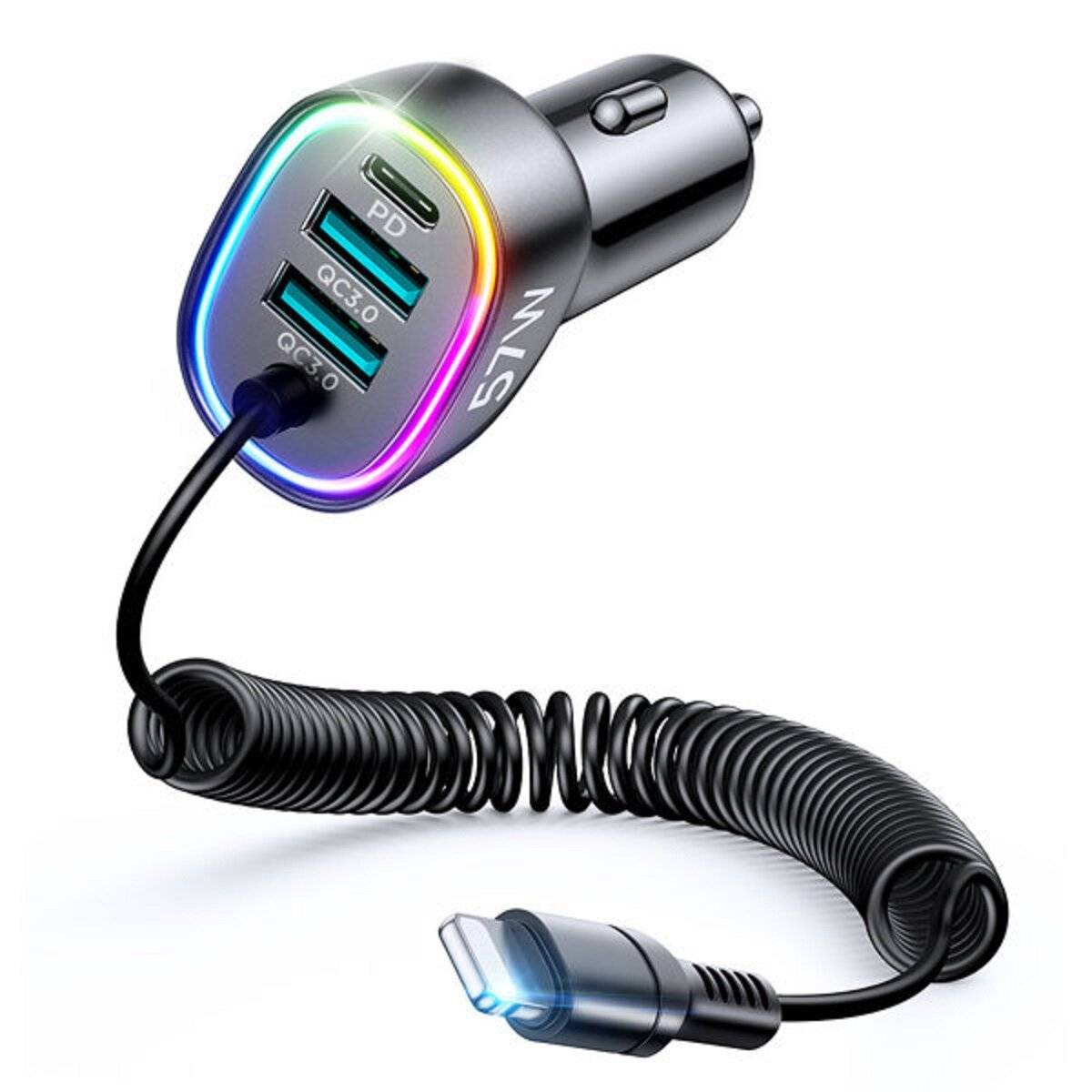 Joyroom 4-in-1-Auto-Schnellladegerät PD, QC3.0, AFC, FCP mit 1,6 m langem 57-W- iPhone-Anschluss-Kabel Schwarz (JR-CL20)-0