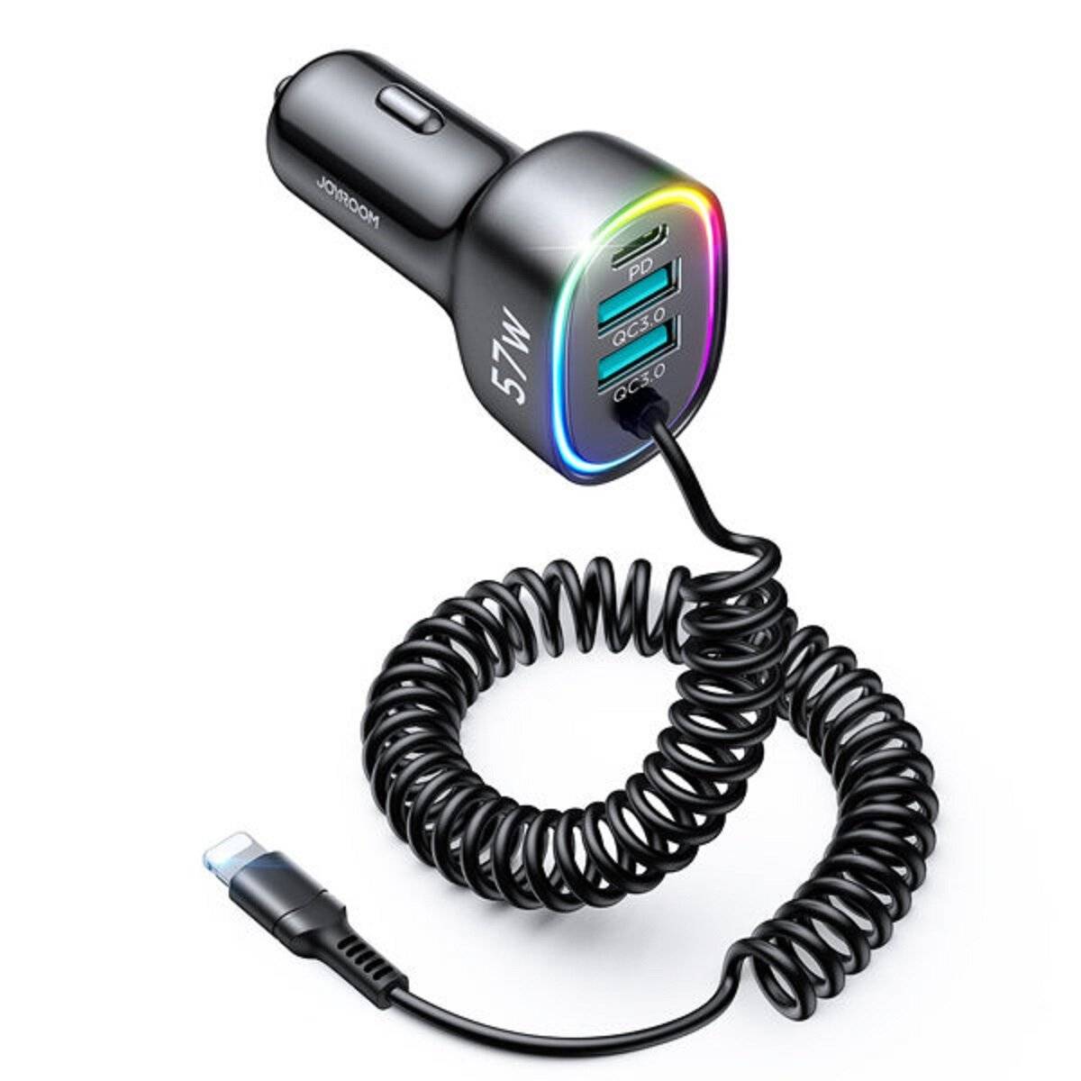 Joyroom 4-in-1-Auto-Schnellladegerät PD, QC3.0, AFC, FCP mit 1,6 m langem 57-W- iPhone-Anschluss-Kabel Schwarz (JR-CL20)-1