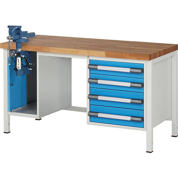 Werkbank Gestellbauweise Serie 8000 4 Schubladen: 2 x 120 2 x 150 mm 1 Schraubstock (Klapp-Lift) BxT 1500 x