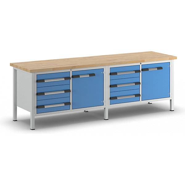 Werkbank Gestellbauweise Serie 8000 6 Schubladen 180 mm 2 Türen 540 mm 1 Fachboden BxT 2500 x 700 mm. TAKKT-0