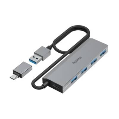 hama 00200138 USB-Hub, 4 Ports, USB 3.2 Gen1, 5 Gbit/s, inkl. USB-C-Adapter und Netzteil