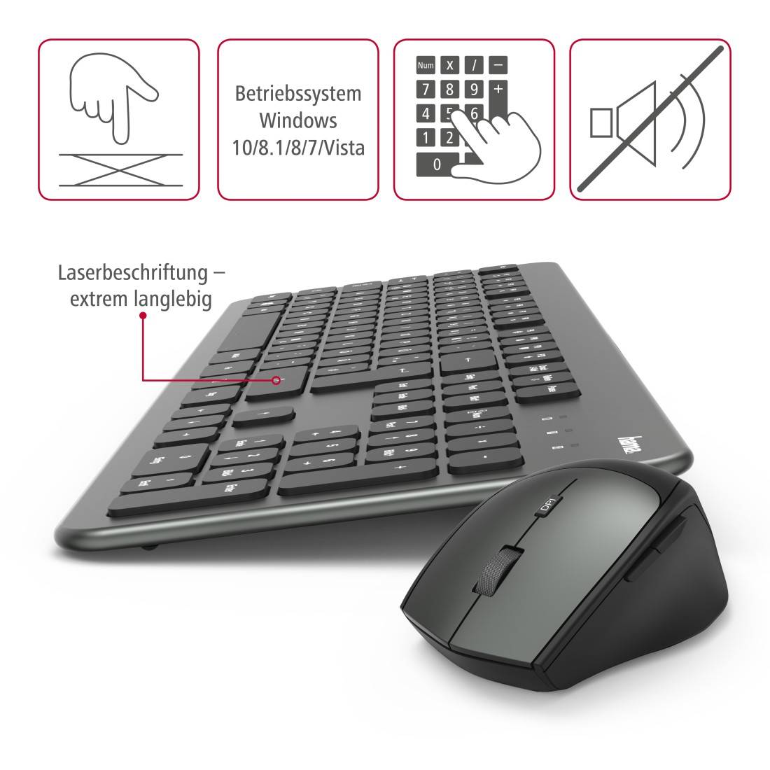 Hama KMW700 Funk Tastatur, Maus-Set Ergonomisch Deutsch, QWERTZ Anthrazit/Schwarz-2