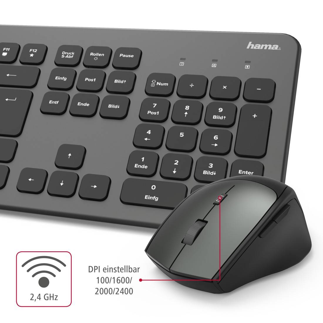 Hama KMW700 Funk Tastatur, Maus-Set Ergonomisch Deutsch, QWERTZ Anthrazit/Schwarz-3