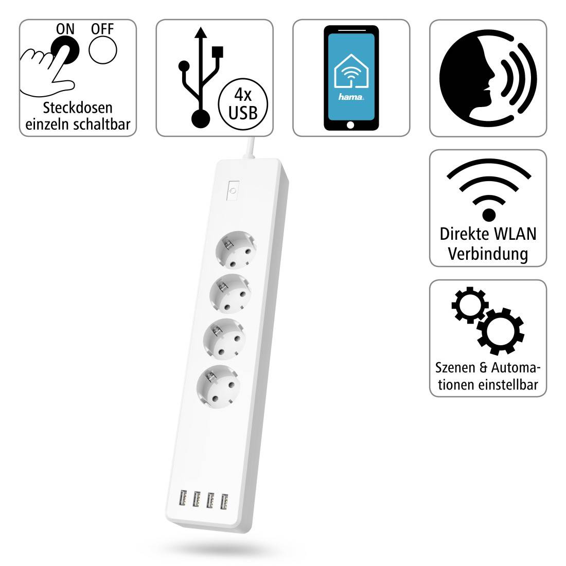 hama 00176574 WLAN-Steckdosenleiste 4-fach, einzeln schaltbar, Überlastschutz, 4-fach USB-2