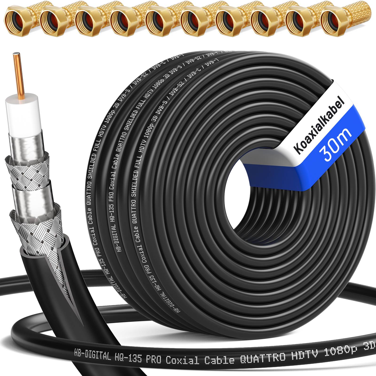 hb-digital 30m Koaxialkabel HQ 135dB 4-Fach Stahl Kupfer schwarz + 10 F-St-0