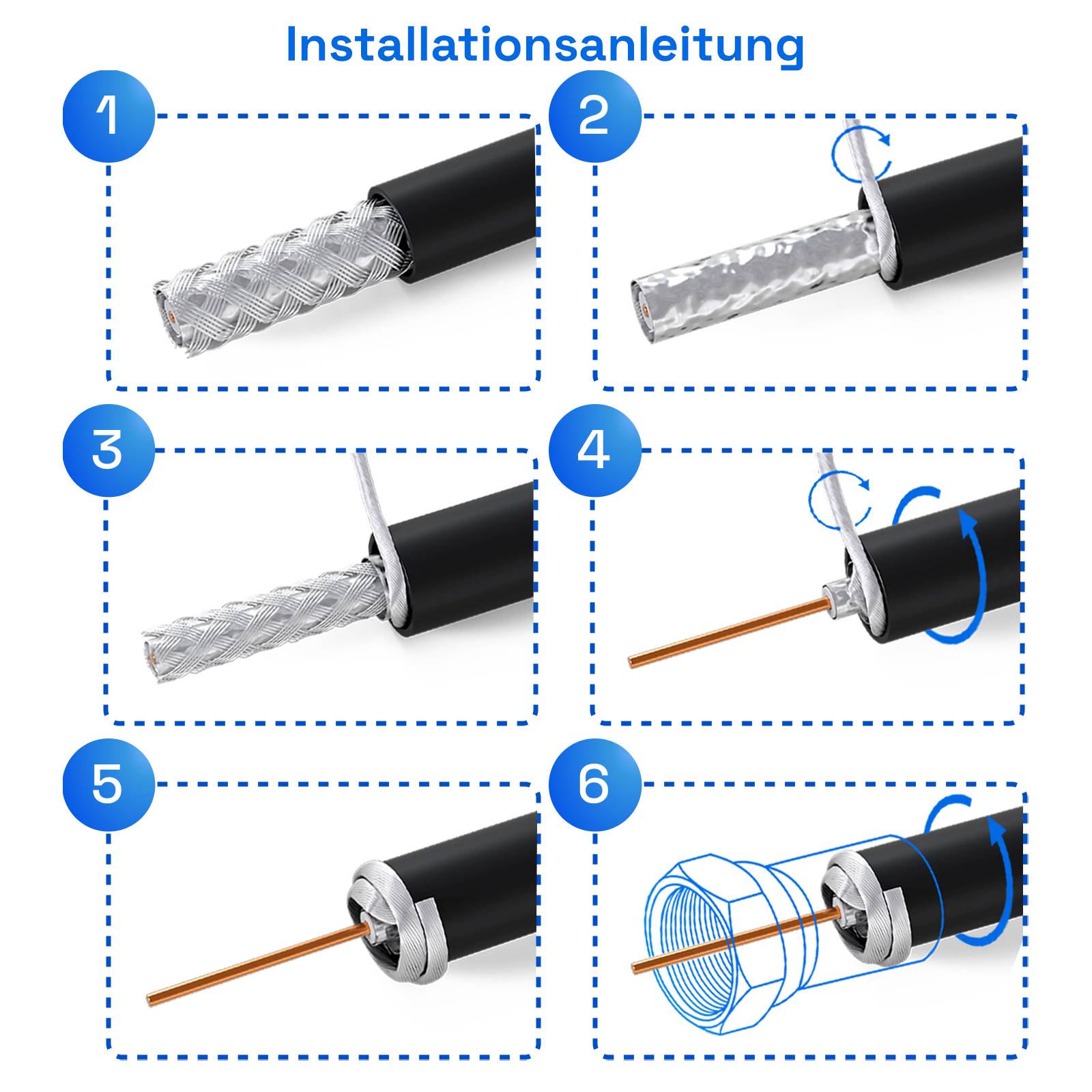 hb-digital 30m Koaxialkabel HQ 135dB 4-Fach Stahl Kupfer schwarz + 10 F-St-3