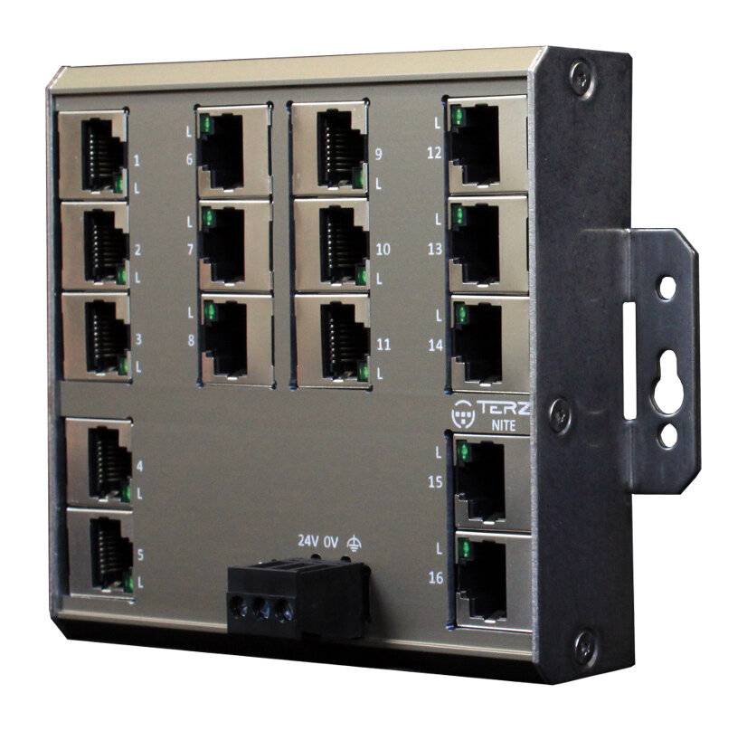 16 Port Unmanaged Industrial Ethernet Switch 28 mm Einbautiefe - Wandmontage NITE-RW16-1190-0