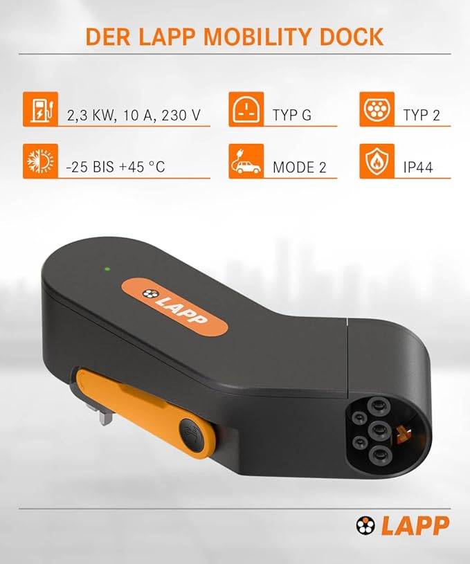 LAPP Mobility Dock UK 2,3 kW – Mobiles EV Ladegerät mit Typ G Stecker für E-Auto, 1‑phasig, Schwarz-1