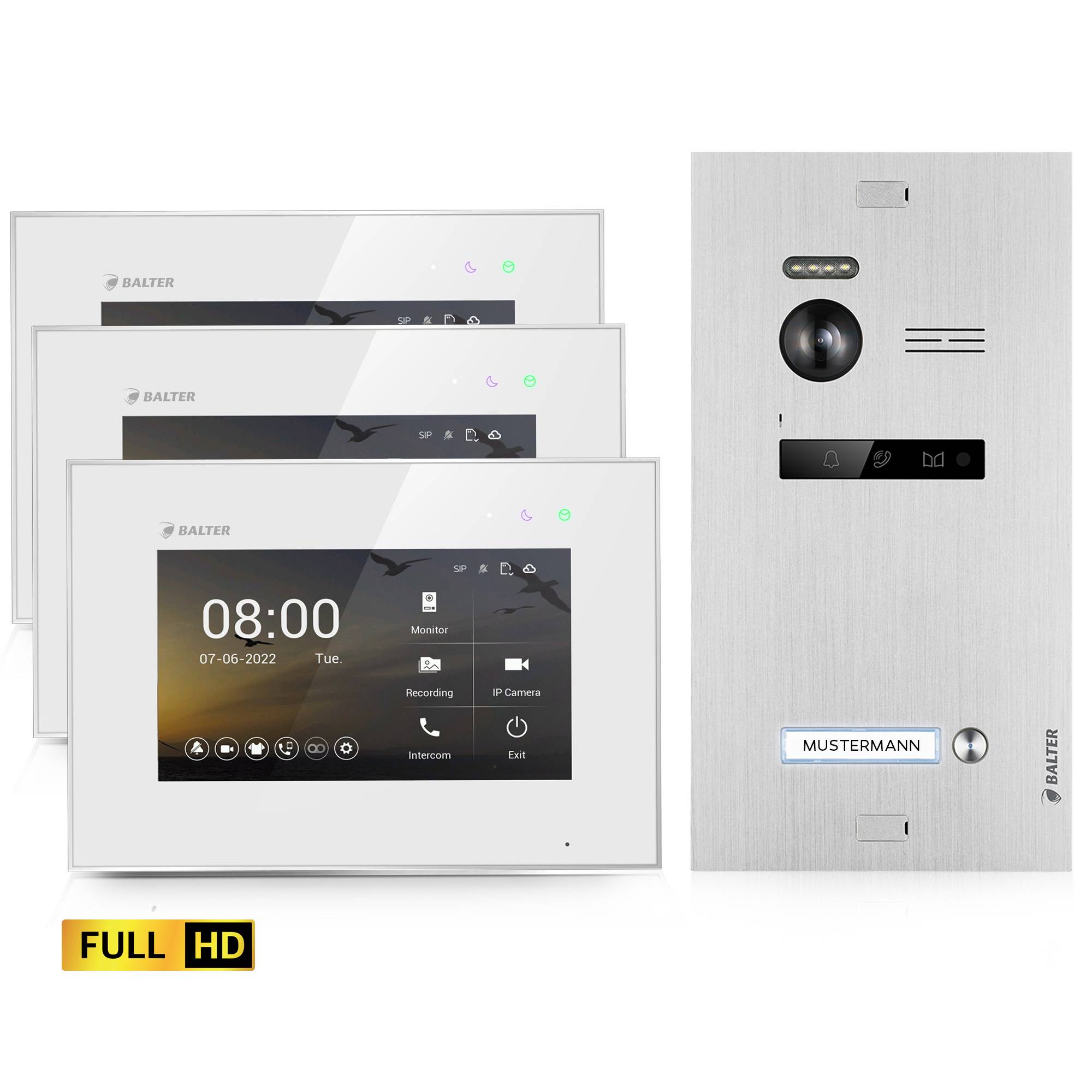 HD Video Türsprechanlage für 1 Familienhaus, 3x Monitore, Balter EVO HD-0