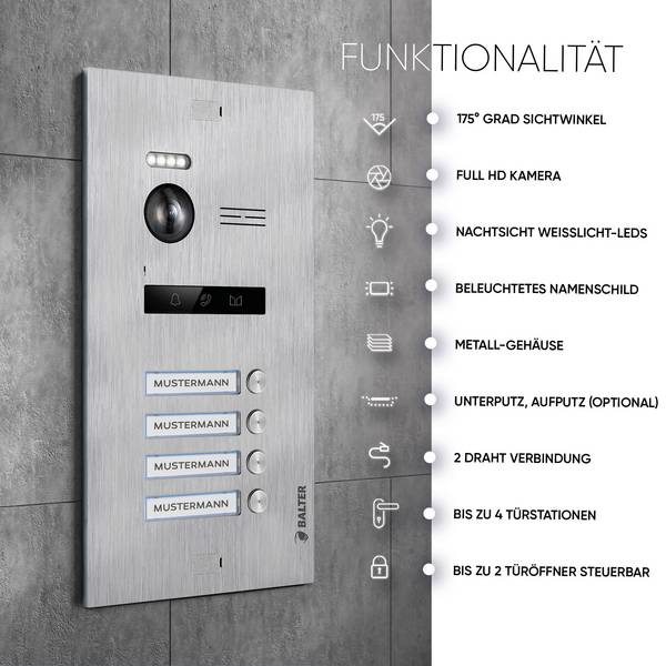 HD Video Türsprechanlage für 4 Familienhaus, 4x Monitor, Balter EVO HD