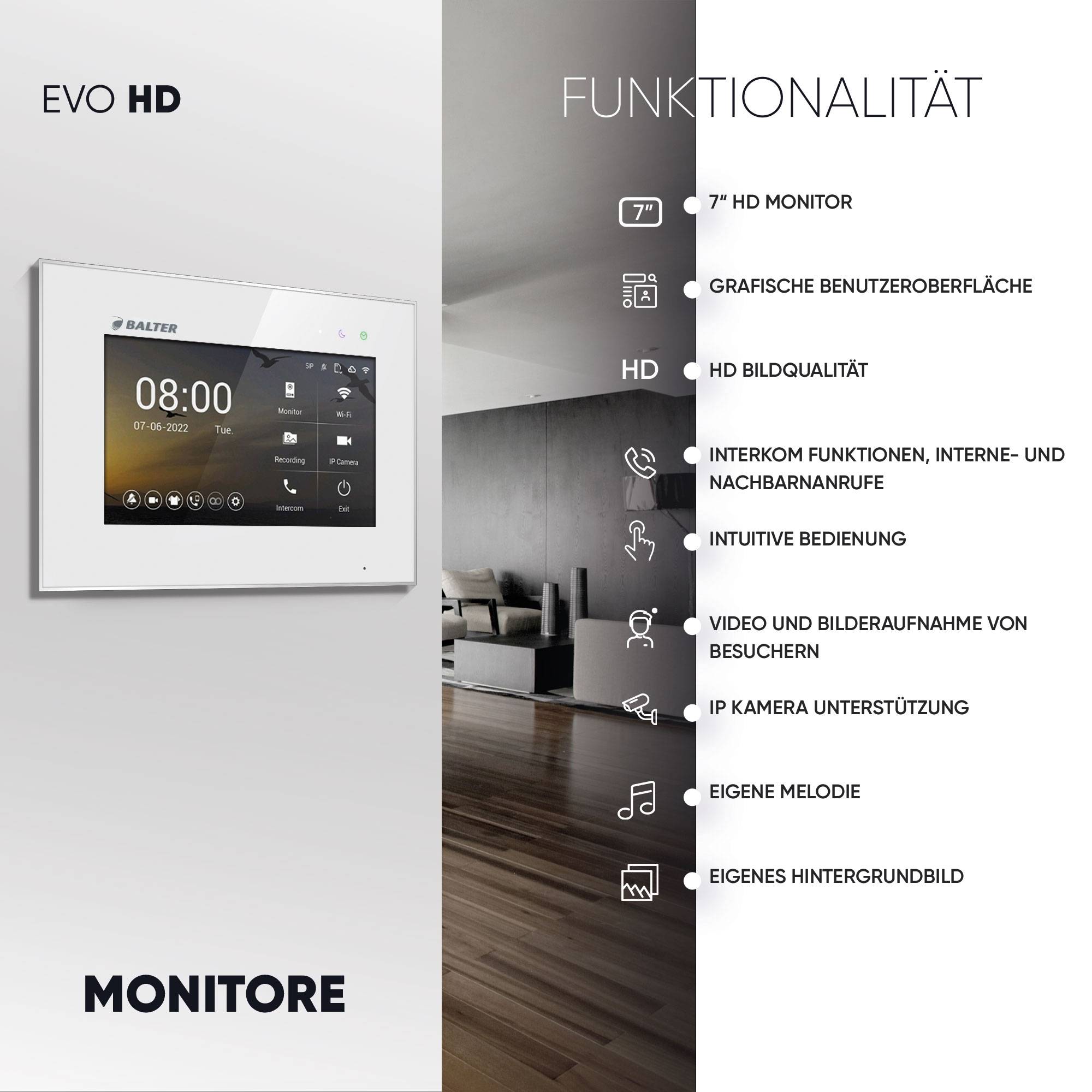 HD Video Türsprechanlage für 2 Familienhaus, 2 x Monitor, Balter EVO HD-2