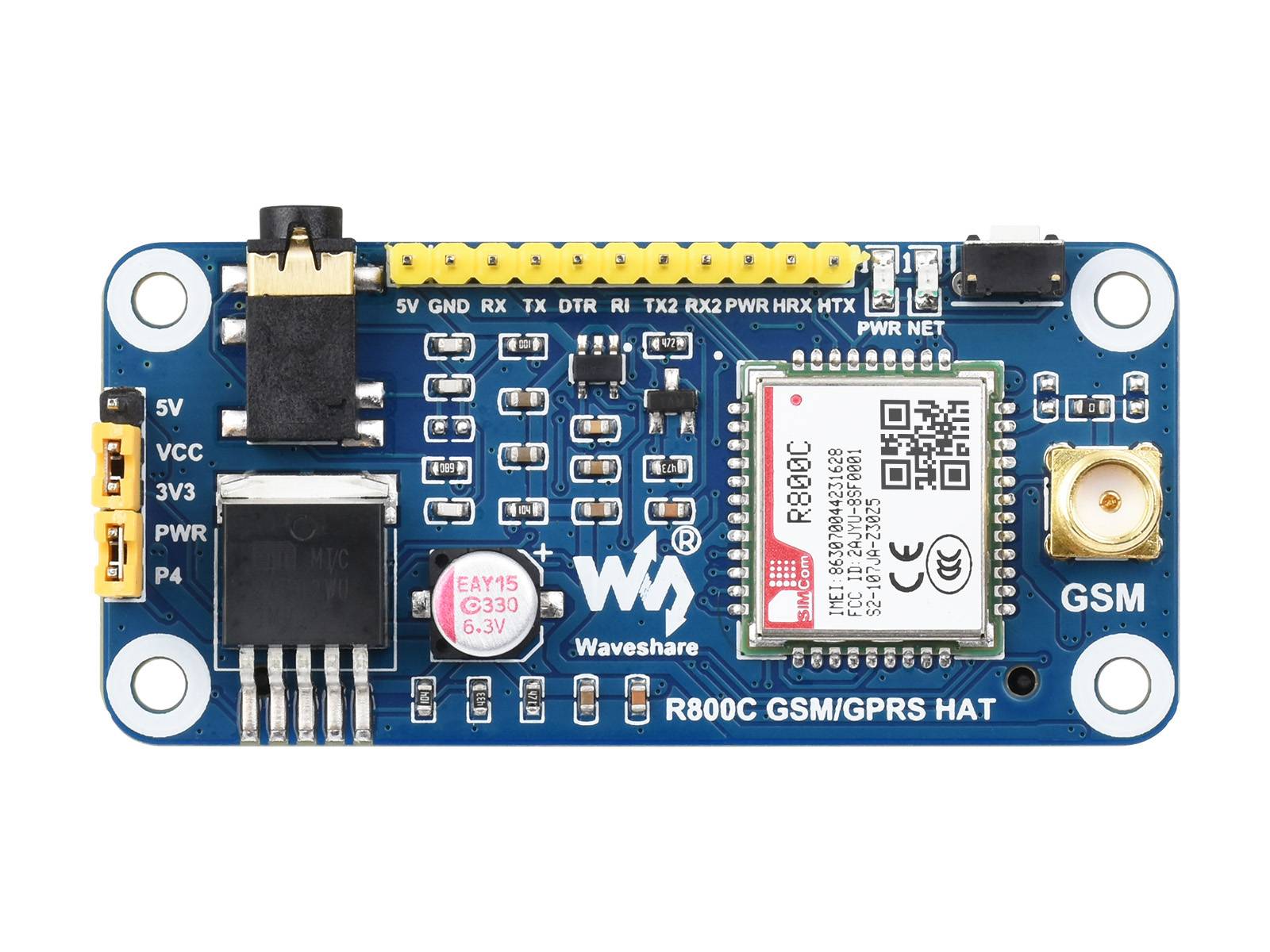 Waveshare R800C 2G GSM/GPRS Kommunikations-HAT, GNSS, BT, 40 Pin GPIO, SIM Slot, UART, inkl. Antenne-2