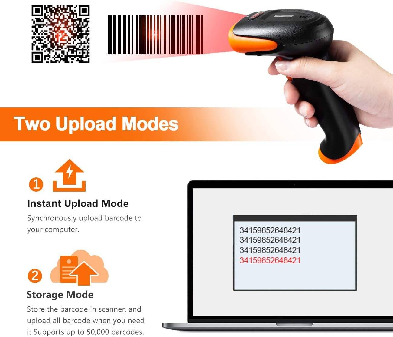 Tera Barcode-Scanner 1D 2D QR 3 in 1 - Wireless Bluetooth USB Wired mit Ständer/Halterung HW0001-1
