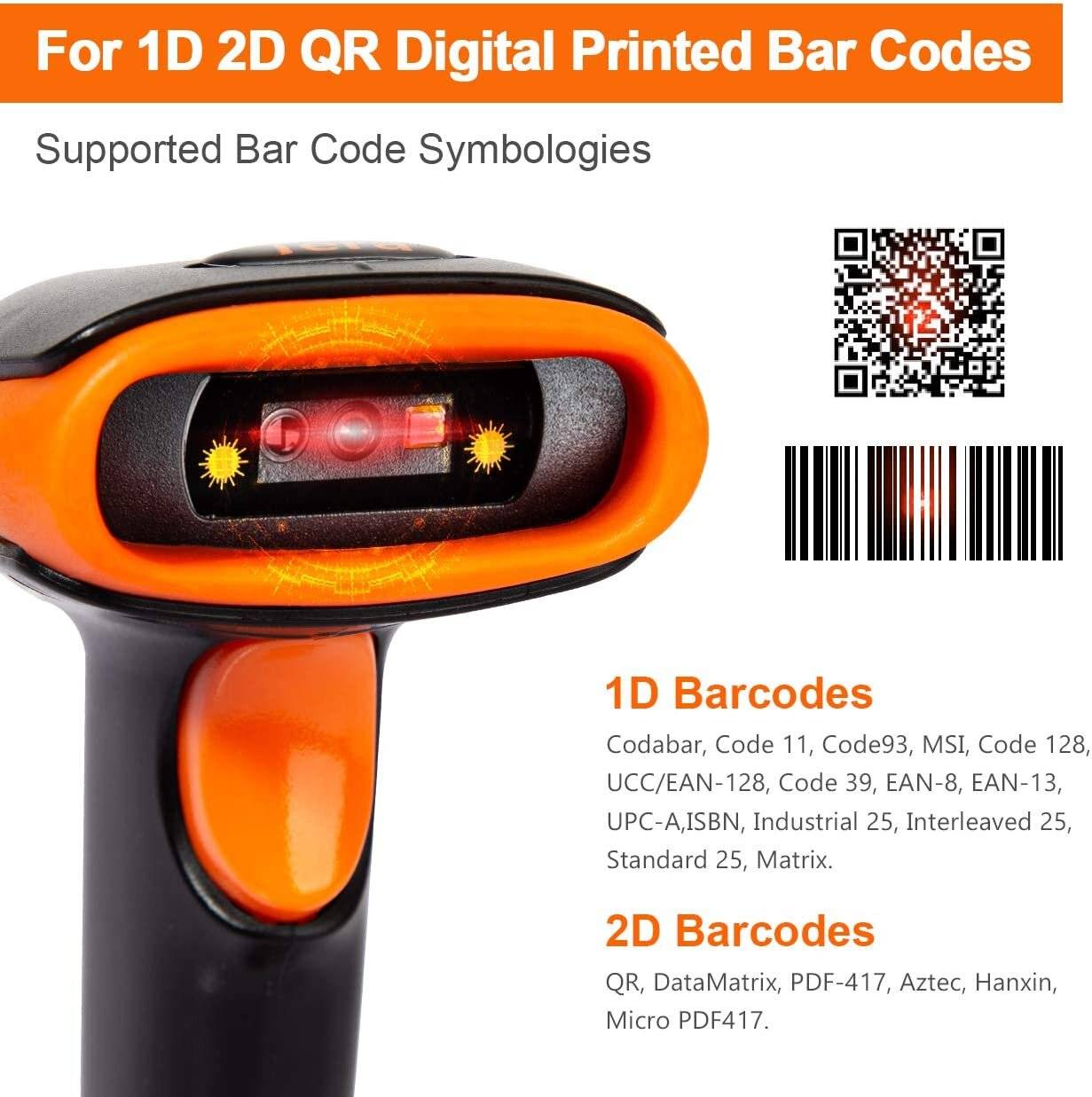 Tera Barcode-Scanner 1D 2D QR 3 in 1 - Wireless Bluetooth USB Wired mit Ständer/Halterung HW0001-2