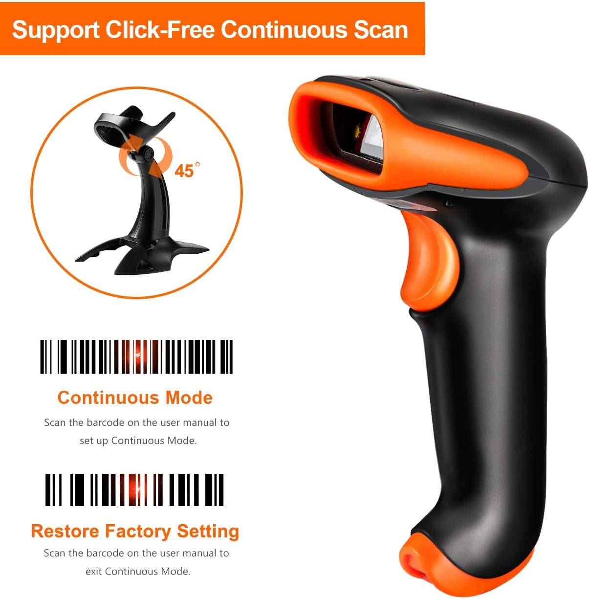Tera Barcode-Scanner 1D 2D QR 3 in 1 - Wireless Bluetooth USB Wired mit Ständer/Halterung HW0001-3