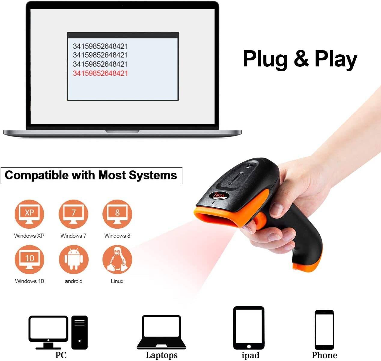 Tera Barcode-Scanner 1D 2D QR 3 in 1 - Wireless Bluetooth USB Wired mit Ständer/Halterung HW0001-4
