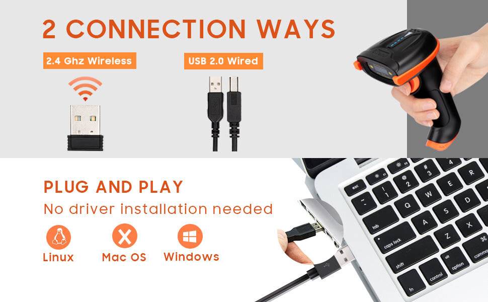 Symbolbild für D5100 2D Wireless Barcode Scanner Schwarz (ohne Stativ) USB Kabel + USB Wireless
