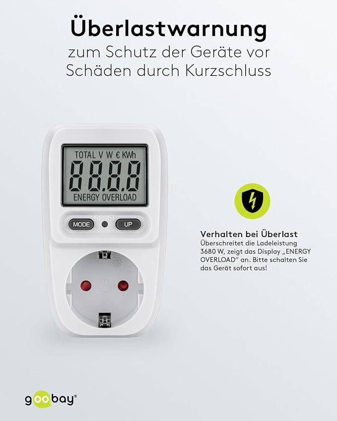 Goobay 64589 Digitales Energiekostenmessgerät Basic / Steckdose Stromzähler 3680W 16A 230V / Strommessgerät / LC Display-6