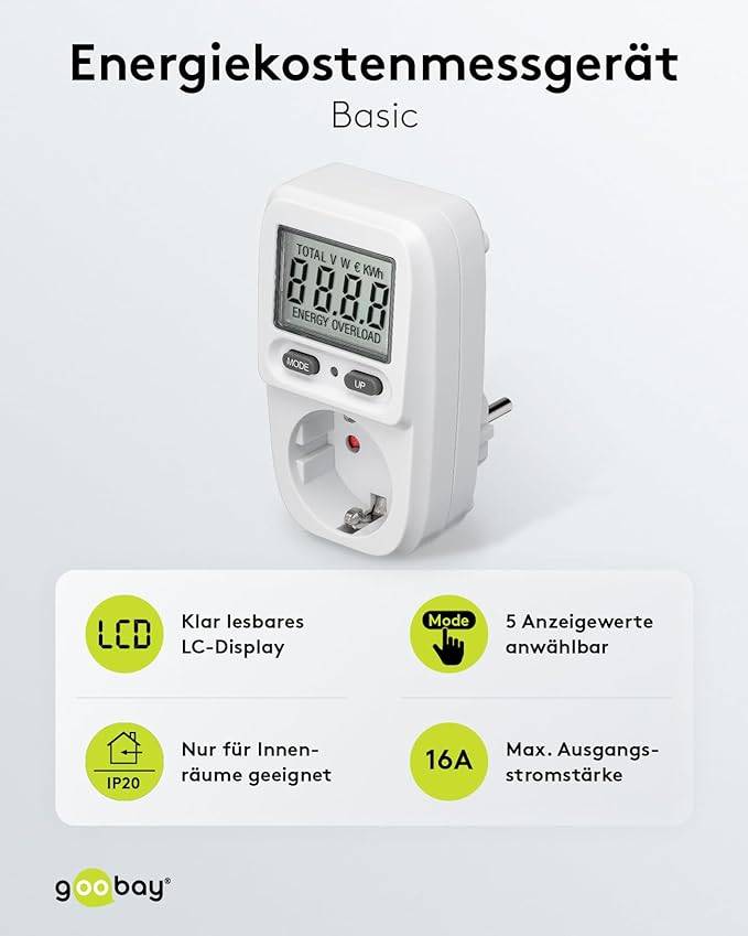 Goobay 64589 Digitales Energiekostenmessgerät Basic / Steckdose Stromzähler 3680W 16A 230V / Strommessgerät / LC Display-1