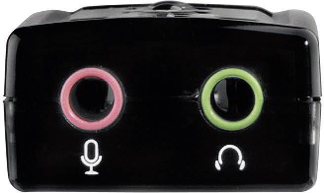 Schwarzer USB-Audioadapter mit zwei Buchsen: links rosa für Mikrofon, rechts grün für Kopfhörer. Symbole zeigen jeweilige Funktion an.
