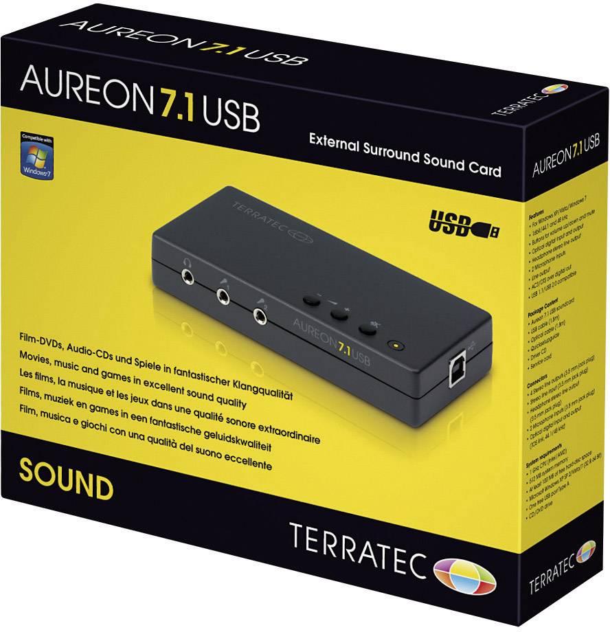Externe USB-Soundkarte namens 'Aureon 7.1 USB' von Terratec. Verpackung in Schwarz und Gelb. Unterstützt Surround-Sound und Windows.