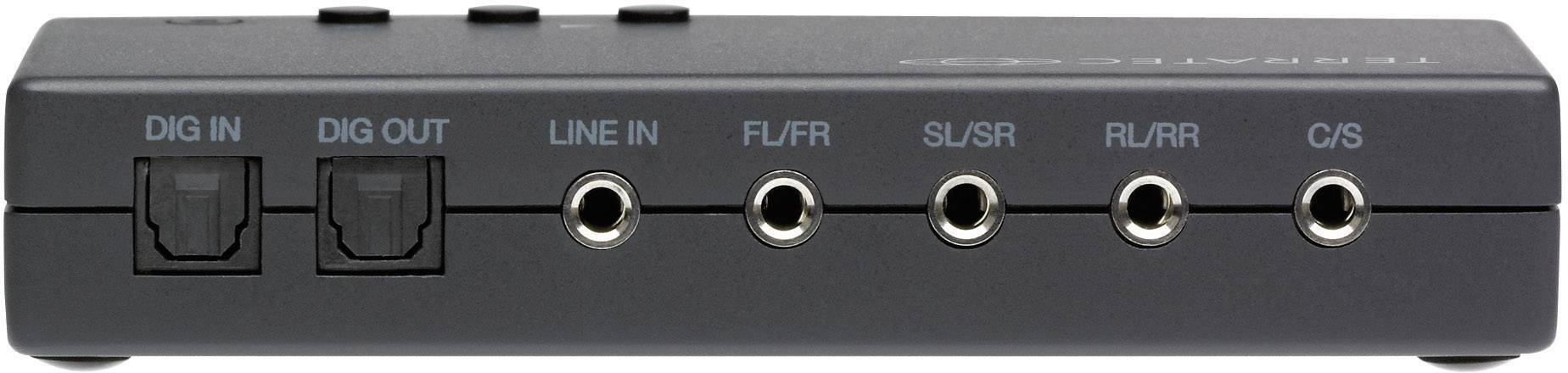 Schwarzes Audiogerät mit sechs Steckplätzen: DIG IN, DIG OUT, LINE IN, FL/FR, SL/SR, RL/RR, C/S. Verwendet für Tonanschluss.