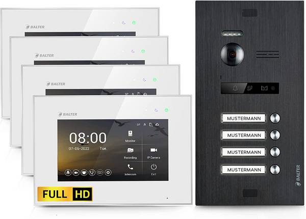 HD Video Türsprechanlage für 4 Familienhaus, 4x Monitor, Balter EVO HD Schwarz