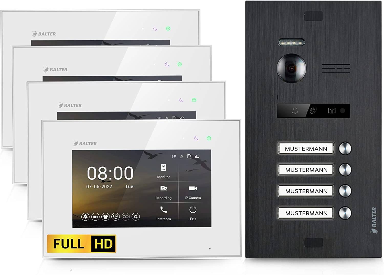 HD Video Türsprechanlage für 4 Familienhaus, 4x Monitor, Balter EVO HD Schwarz-0