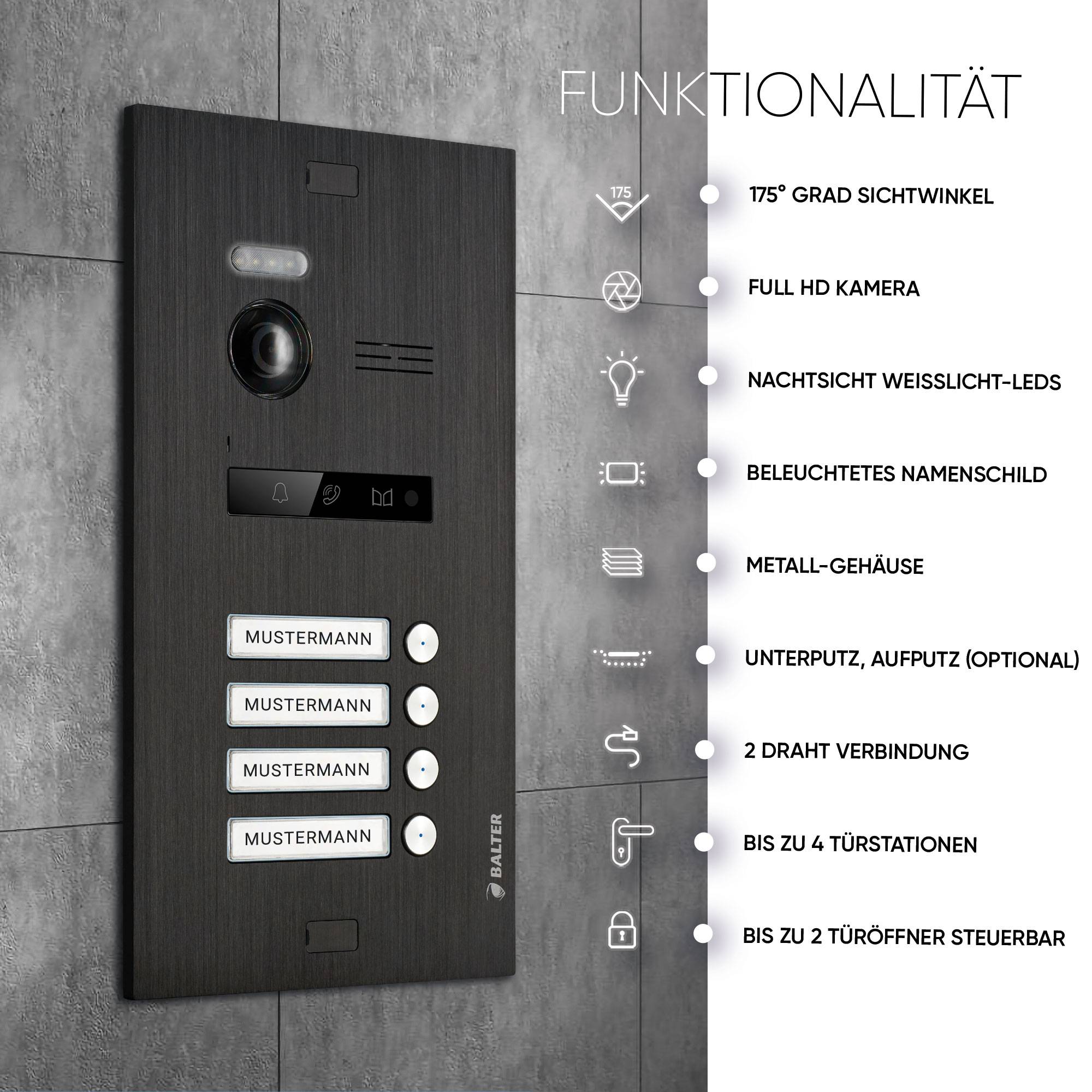 HD Video Türsprechanlage für 4 Familienhaus, 4x Monitor, Balter EVO HD Schwarz-1
