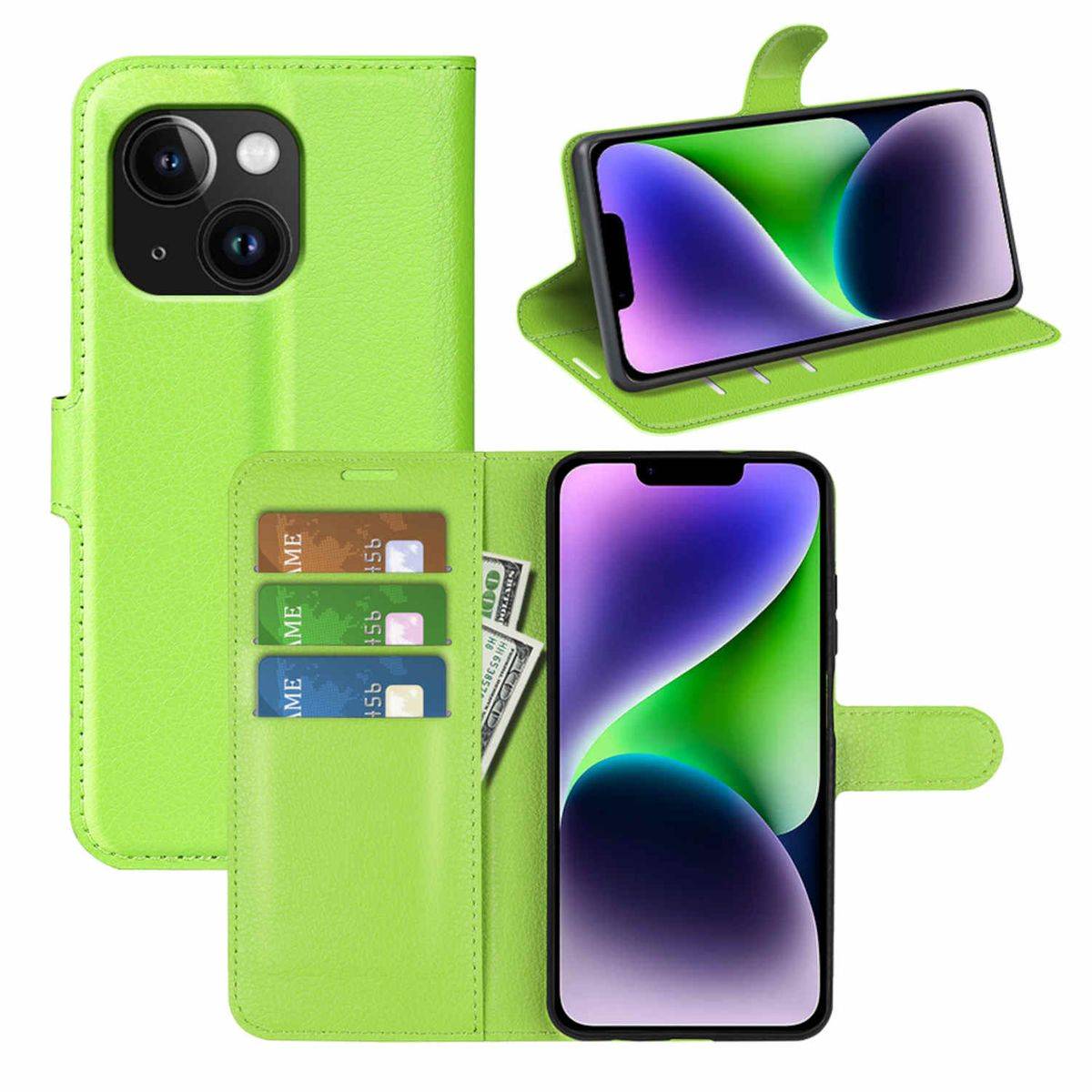 Für Apple iPhone 15 Smart Handy Tasche Grün Etuis Kunst-Leder Hülle Cover Case Book-0