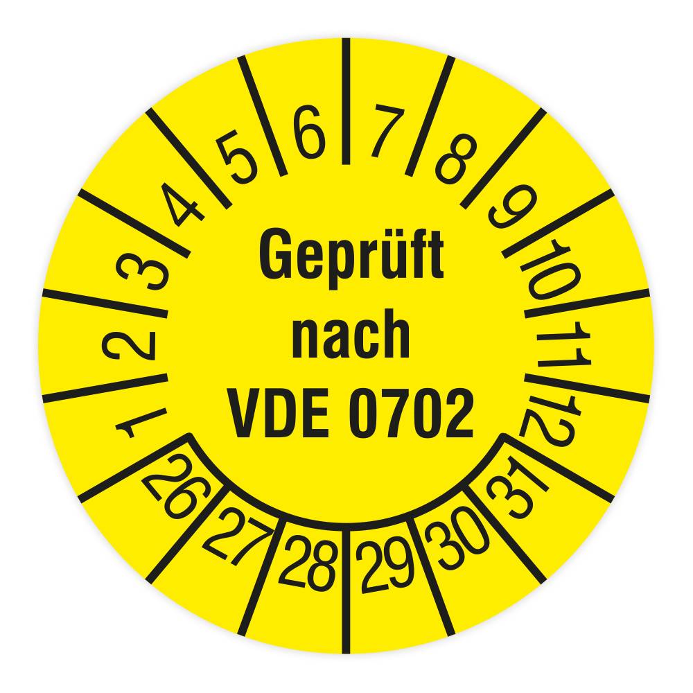 Prüfplakette, Geprüft nach VDE 0702, 2026 - 2031, Dokumentenfolie, Ø 15 mm, Heft-0